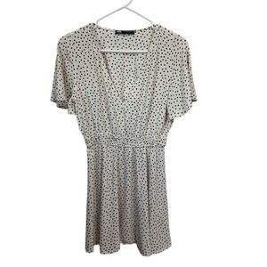 Zara Womens Polka Dot Print Dress Short Sleeve V Neck White Summer Casual Sz Med